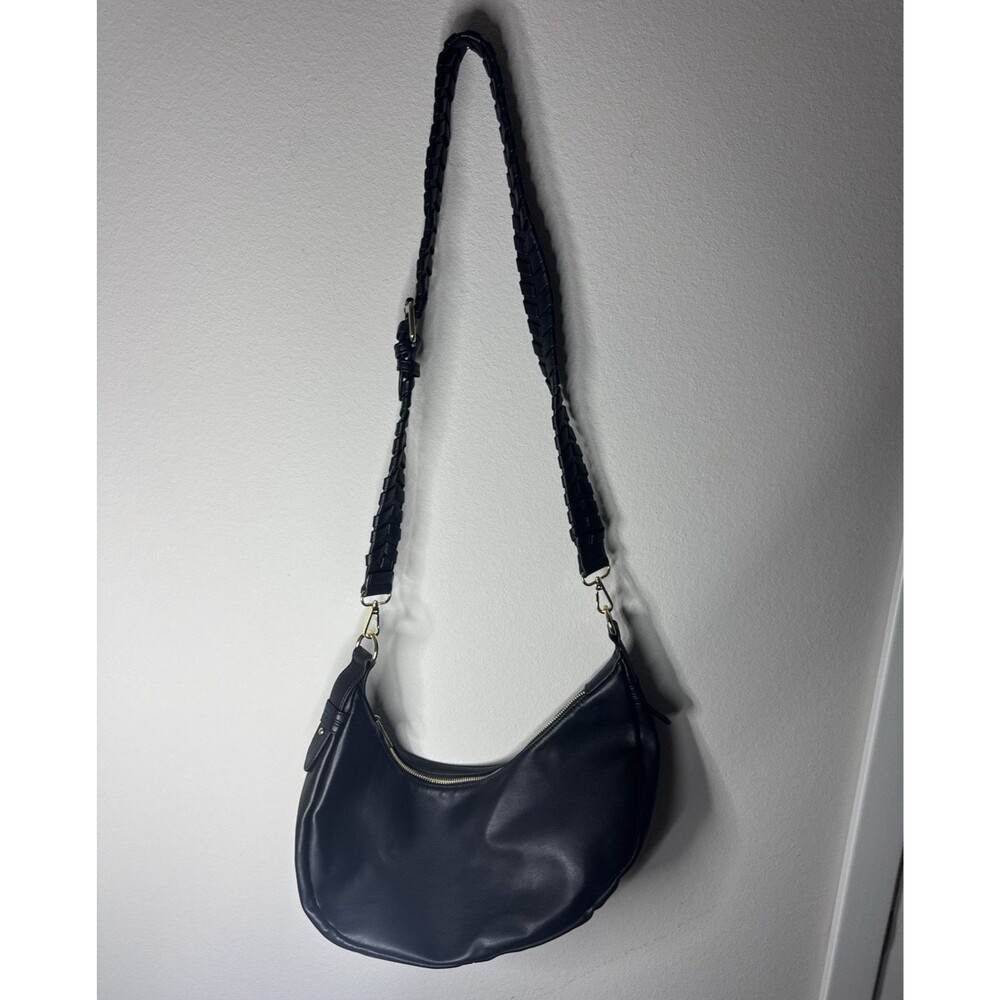 Jules Kae Black Crescent Shoulder Bag Gold Hardware Zip Braided Detachable Strap